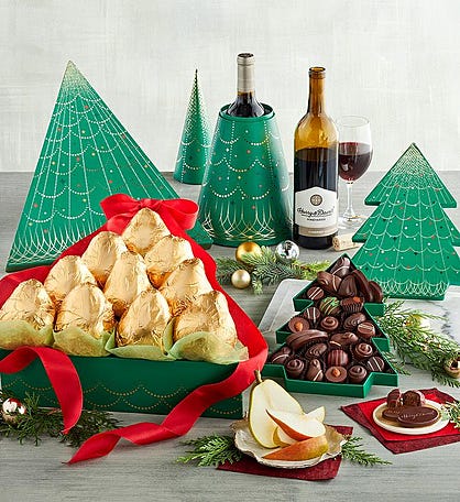 Wine, Pears, and Chocolate Christmas Tree Gift